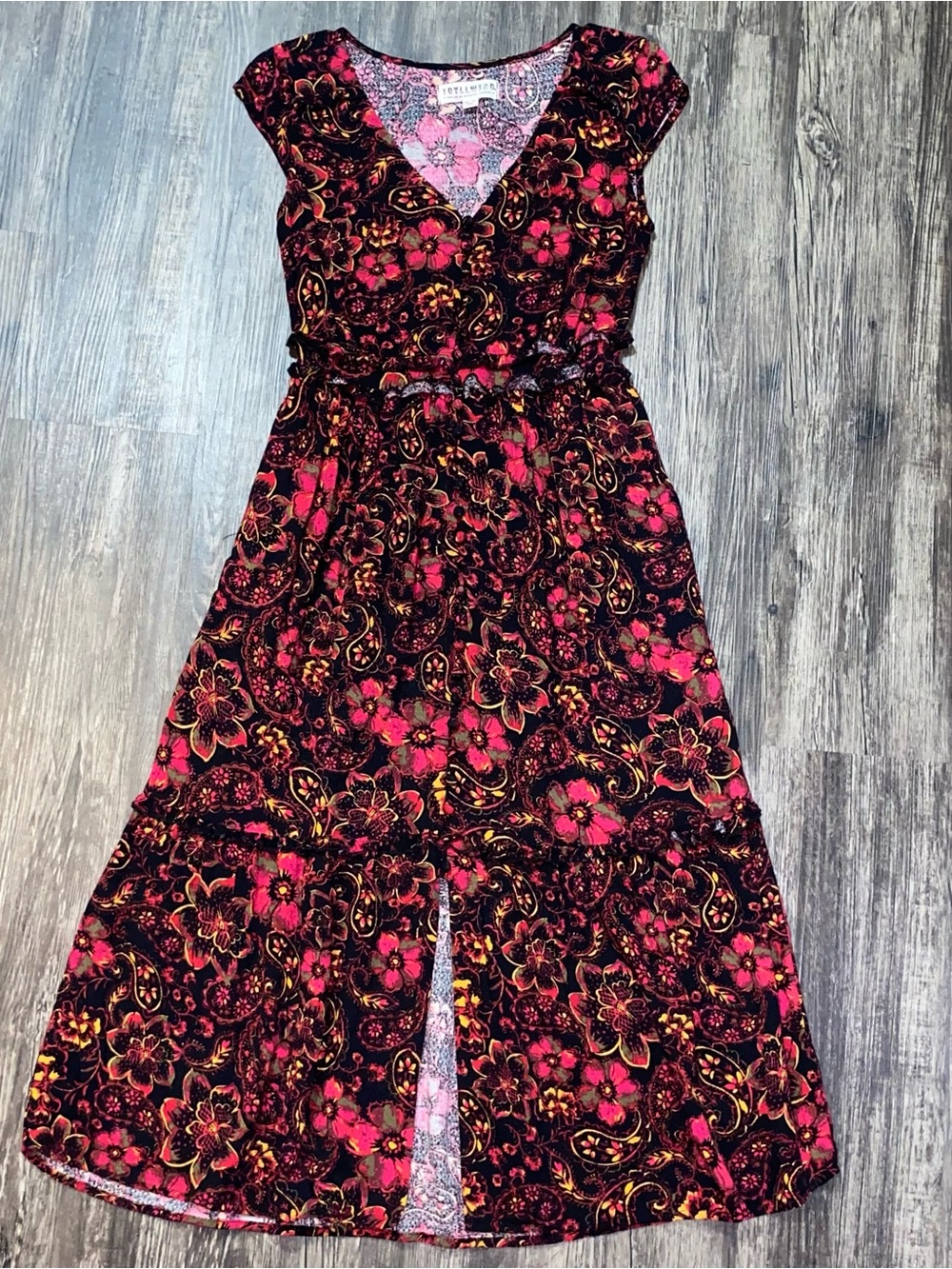 Idyllwind Dress XS Floral Paisley Pink Black Miranda Lambert Ruffle Cap Sleeve